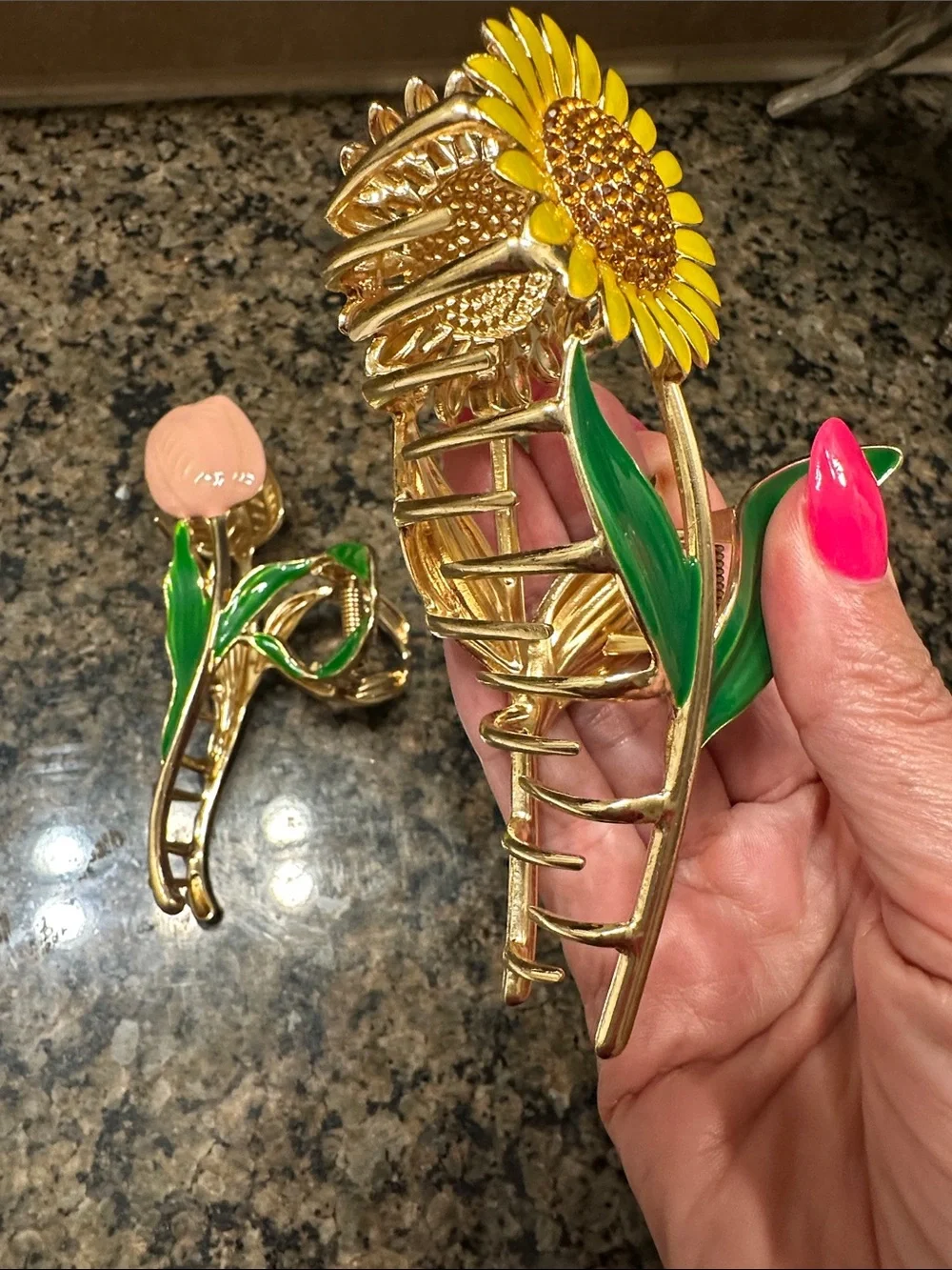 Floral Enamel Sunflower and Tulip Hair Clips